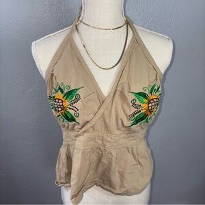 Hand made Sunflower Embroidered Halter Top - Tan like medium